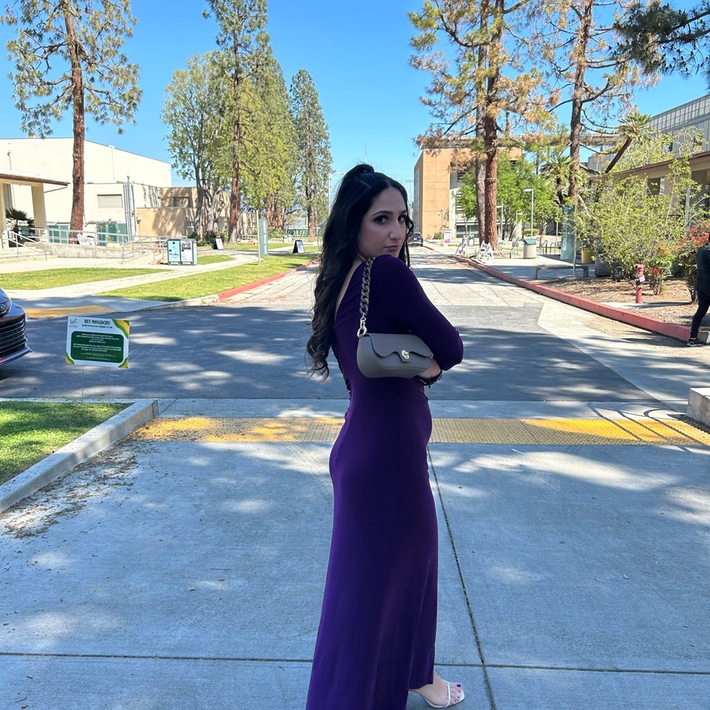 $188 Eliza J Beaded Sleeve Ruched Jersey Gown Plum Purple [SZ 4] up to 5”3 tall